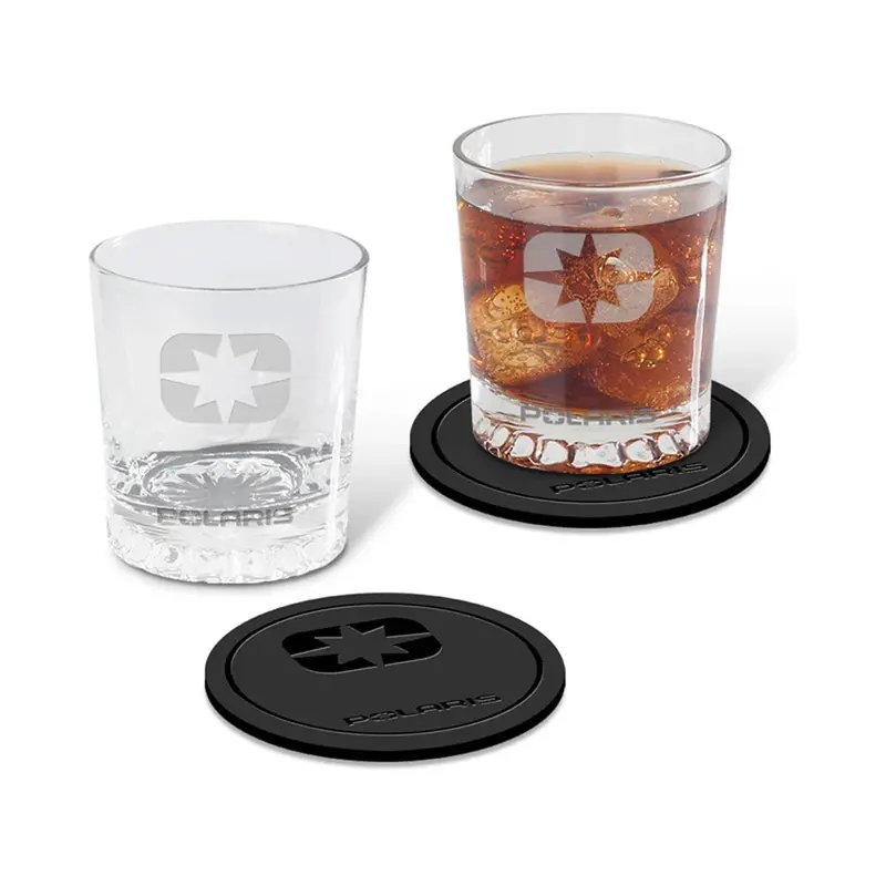 Polaris Etched Lowball Glasses Set – Branded Rocks Glasses With Matching Coasters 1