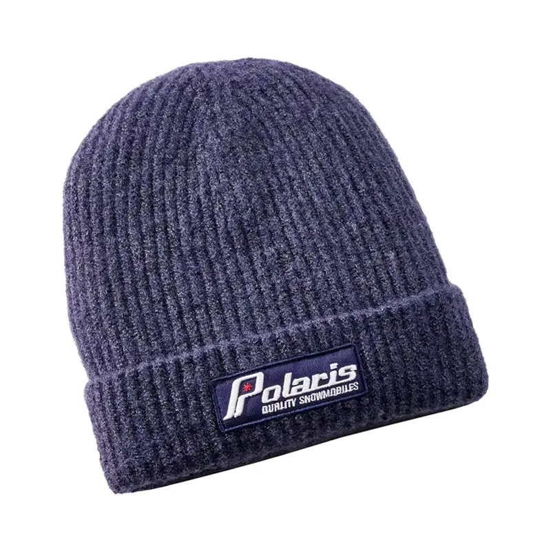Retro Patch Beanie – Navy Polyester Knit Hat With Vintage-Inspired Embroidery 1